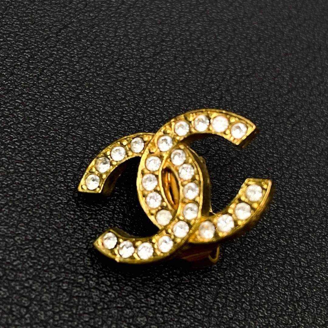CHANEL CC Logo Coco Mark Earrings Gold Rhinestone Clip On No Box Vintage