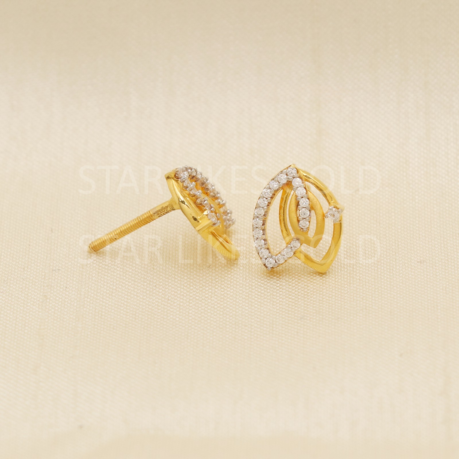 Solid 22k Yellow Gold CZ Oval Marquise Stud Earrings Two-Tone Multi-Layer Tops