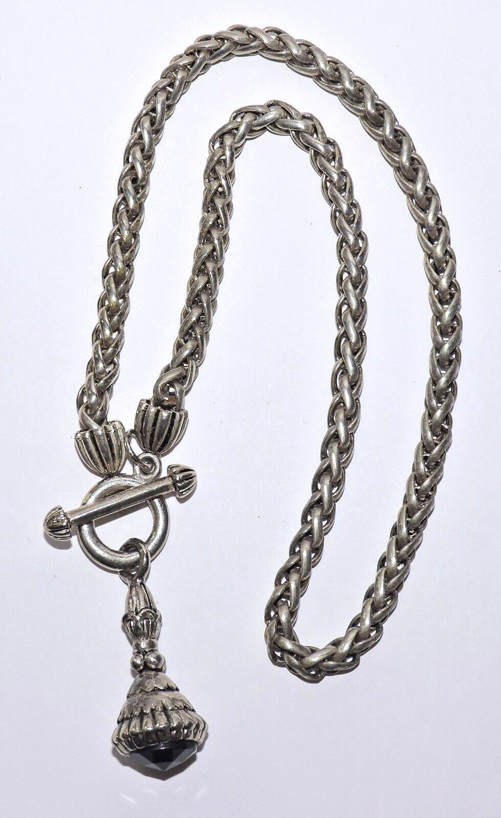 Silver Tone 16″ WHEAT LINK CHAIN NECKLACE Etruscan Style BLACK FOB / AMULET