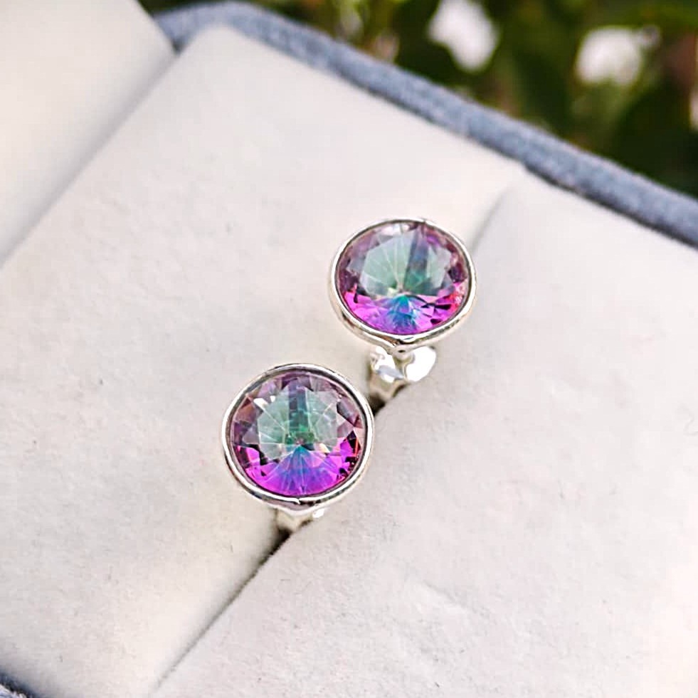 Natural Mystic Topaz Gemstone Stud Earrings, Sterling Silver, Handmade Jewelry