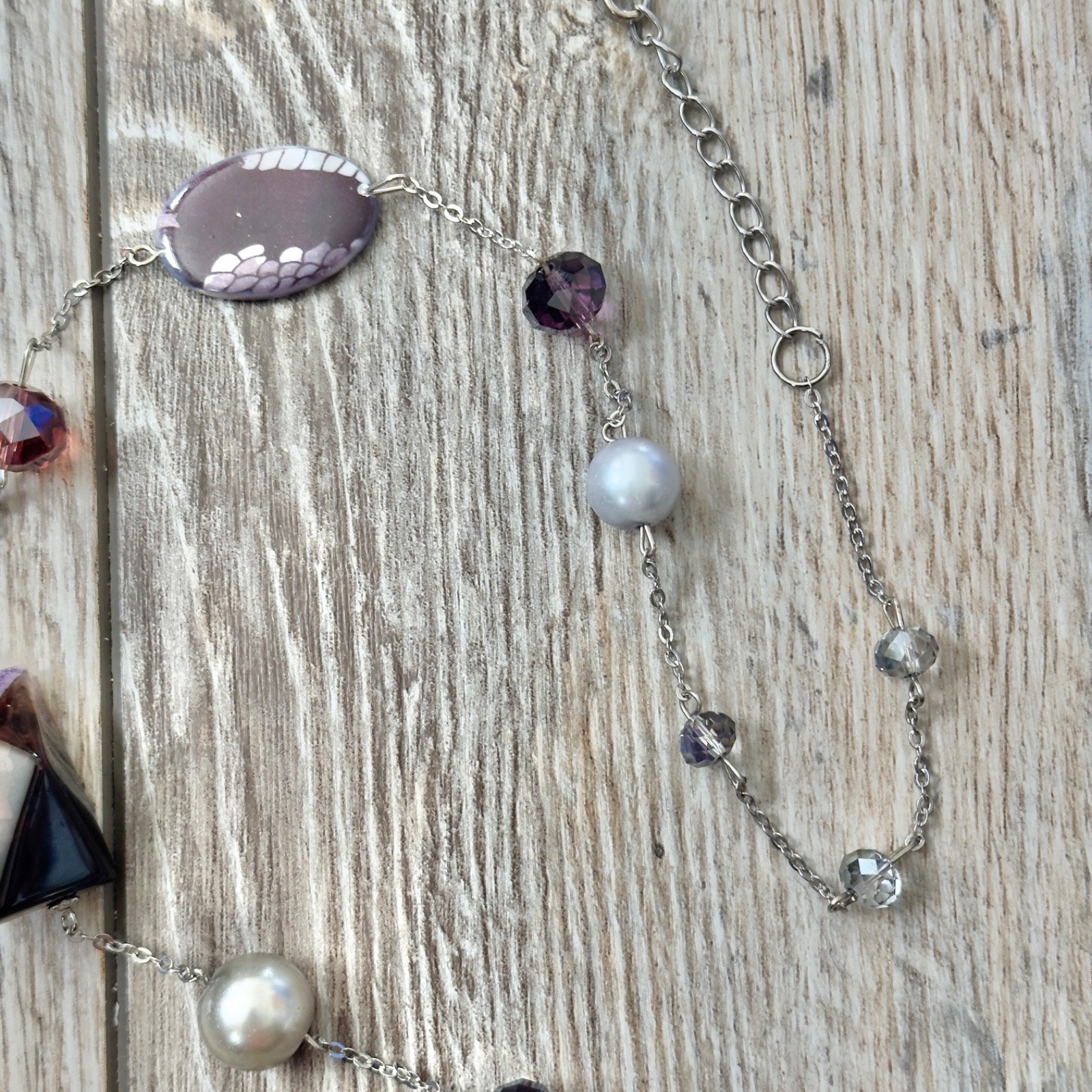 Mixed Materials Beaded Chain Necklace Stone Glass Plastic Faux Pearl Silver Tone