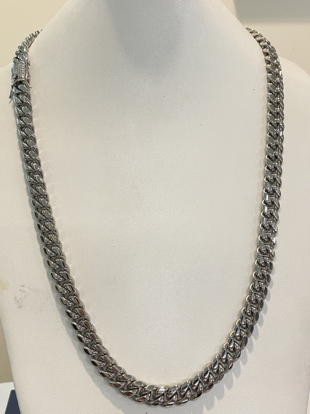 Miami Cuban Chain 14k White Gold Plated SS Mens HipHop Iced CZ Clasp Necklace