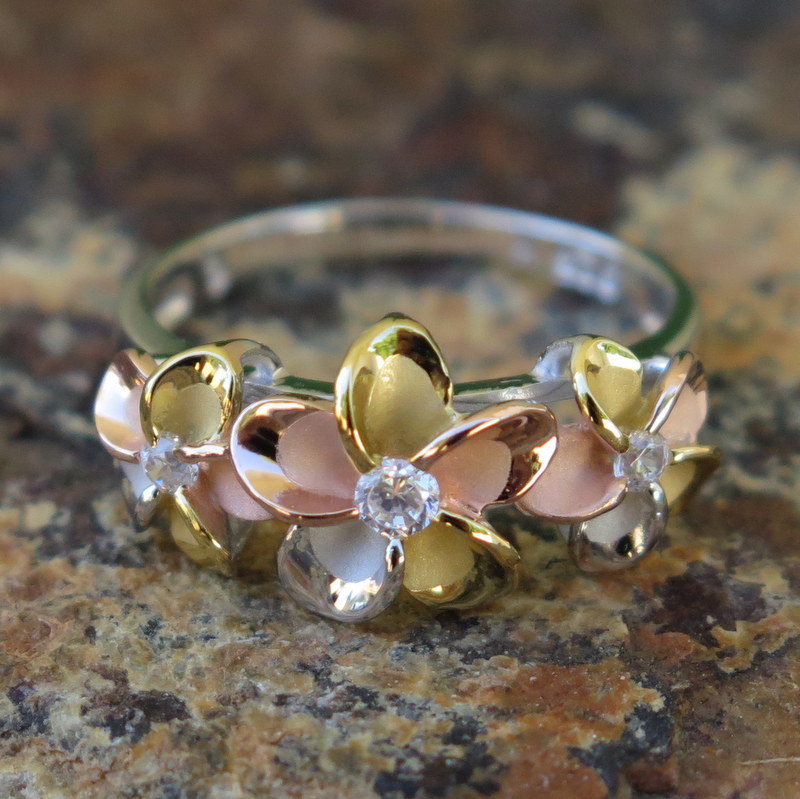925K Silver Tri-color Gold Plumeria Flower CZ Wedding Ring Band 10mm #SR6078