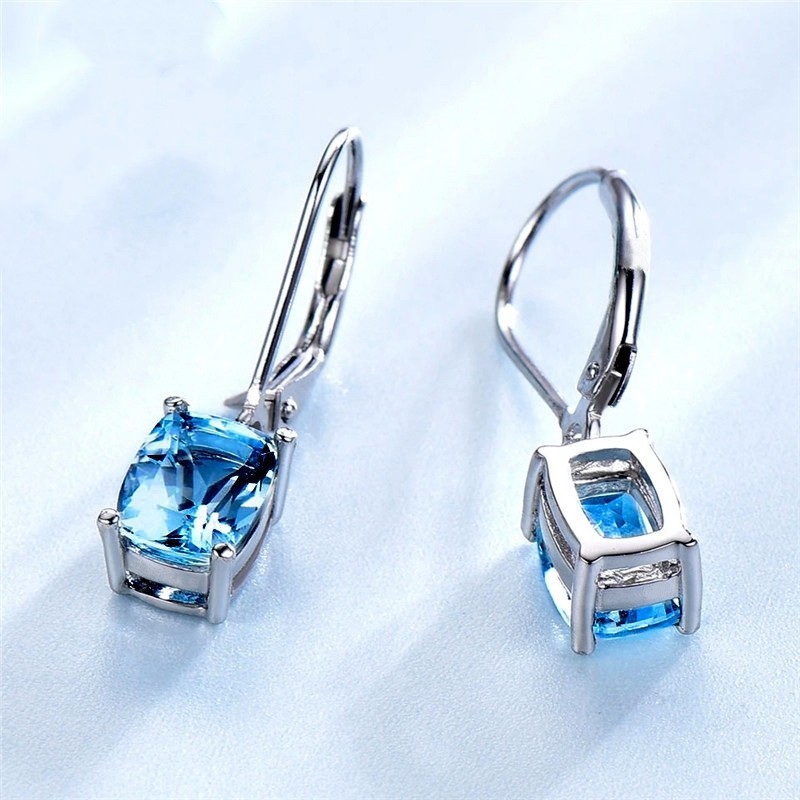 Pretty Sea Blue Imitation Topaz Square Hanging Silver Plated Dangle Earrings