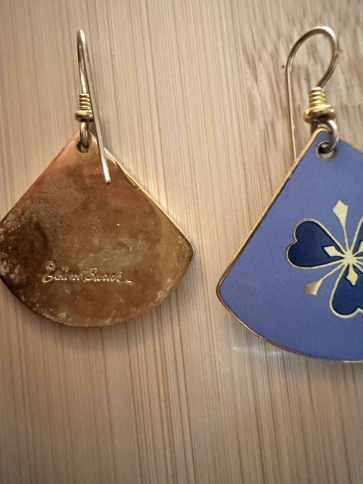 Laurel Burch Signed Blue/Gold Enamel Fan Floral Dangle Hook Earrings 80s