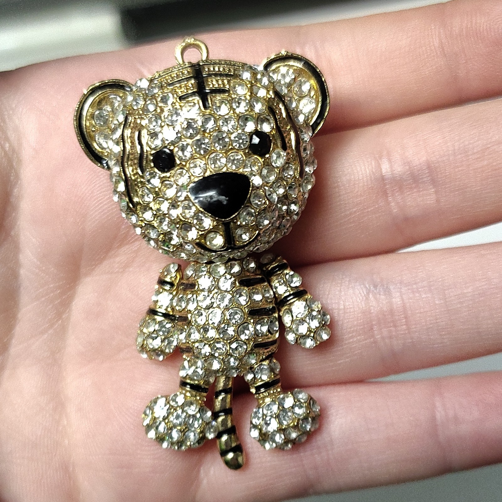 Gold Tone Teddy Bear Pendant Charm Clear Round Rhinestone Crystal Pavé