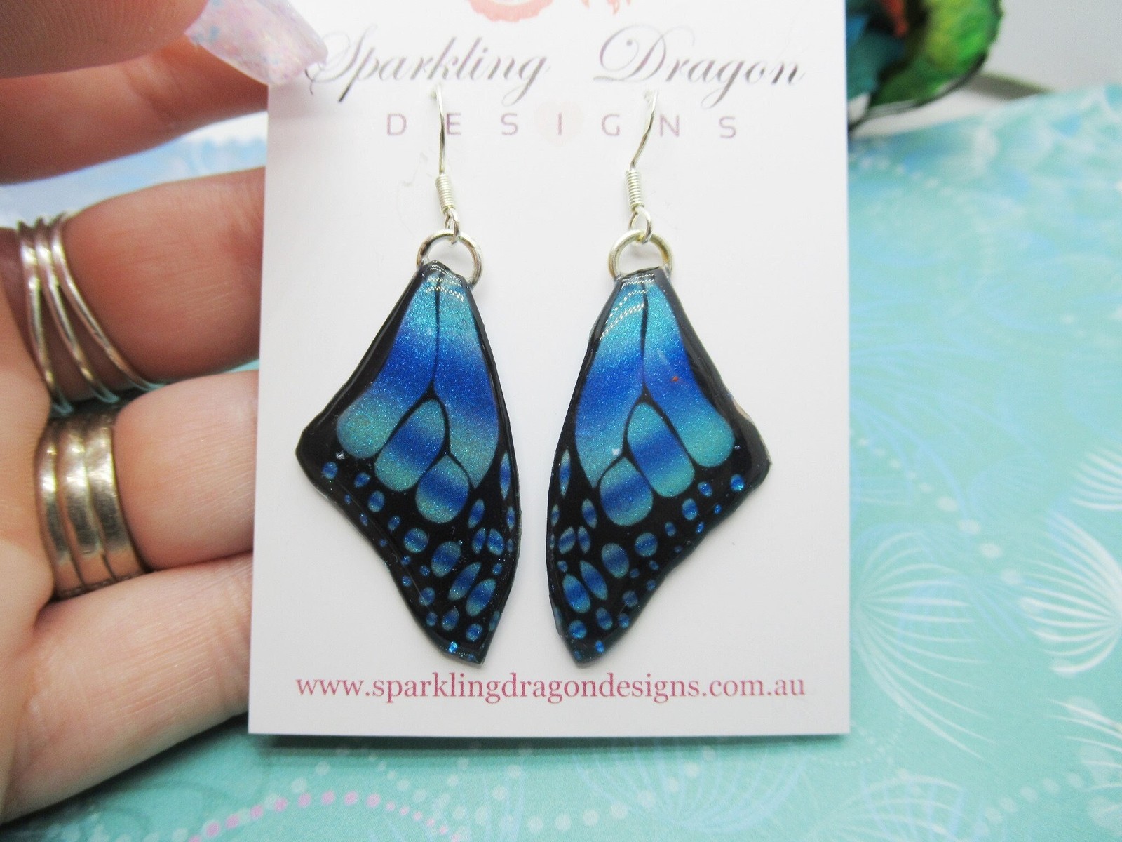 Butterfly Wing Medium Size Earrings Blue Stained Glass- Fairy Jewellery, Fairy