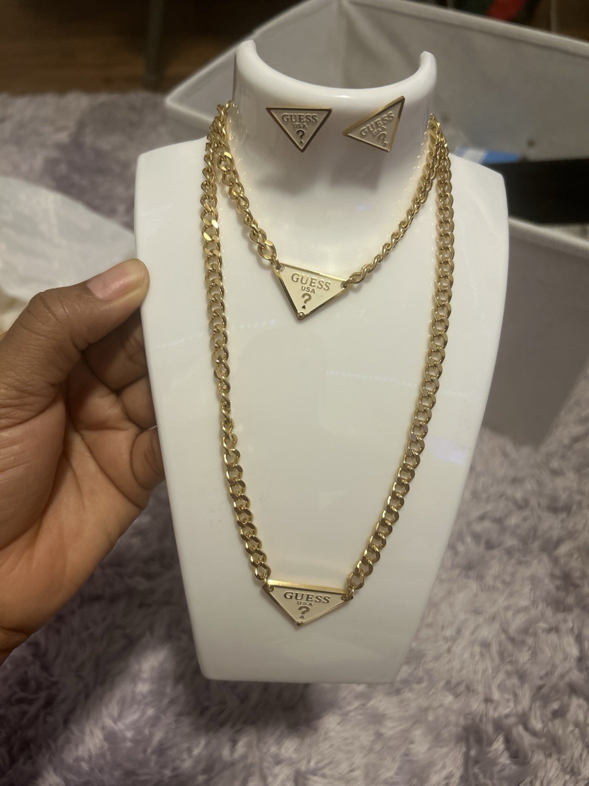 GUESS Signed Gold Tone Triangle Logo Necklace & Triangle Stud Earrings Set