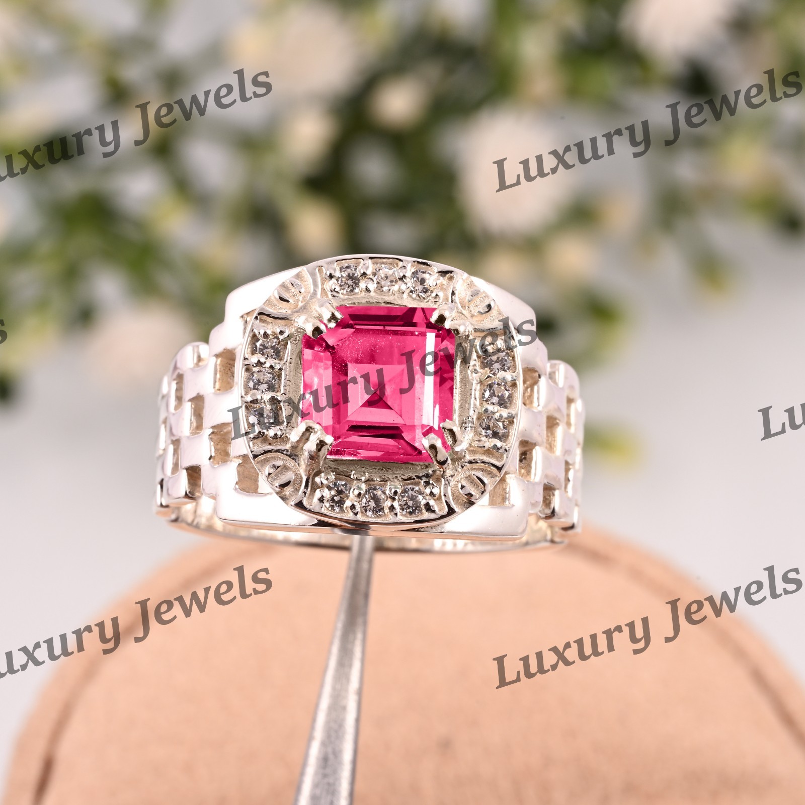 Pink Tourmaline Signet Ring for Men 925 Sterling Silver Handmade