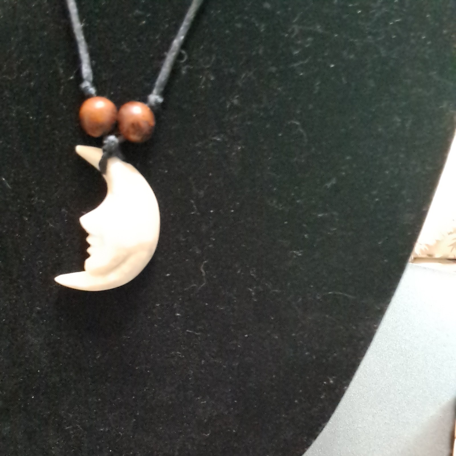 WHITE UNISEX HALF MOON FACE MAN IN THE MOON ON SATIN BLACK OVER HEAD CORD #15