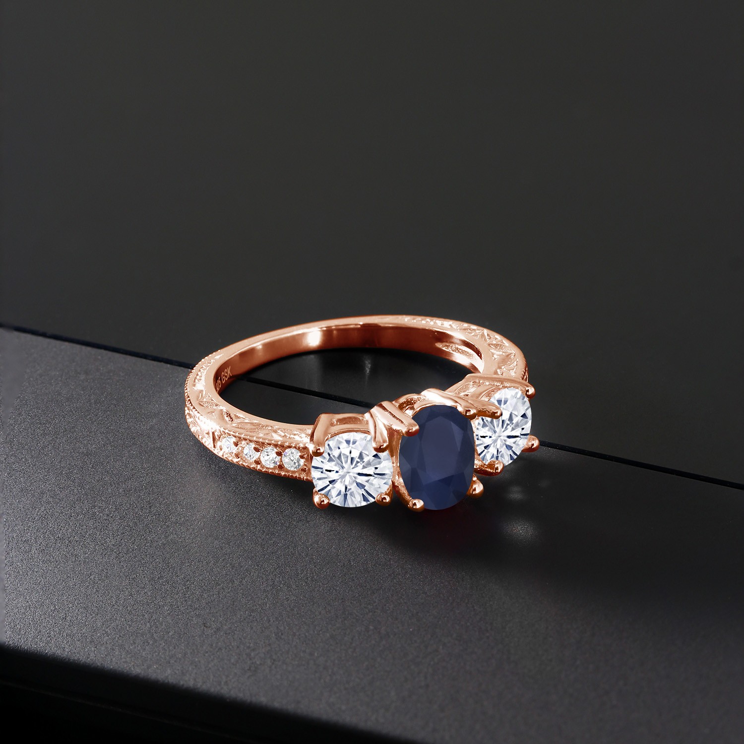 18K Rose Gold Plated Silver 3-Stone Ring Sapphire Moissanite 2.12 Ct