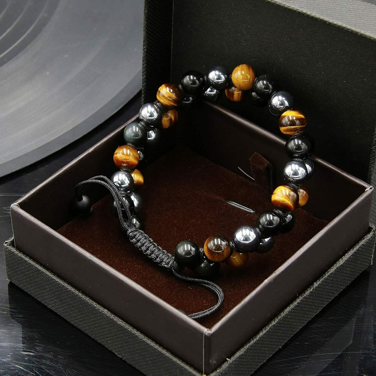 Men 8mm Beads Bracelet Triple Protection Black Obsidian Hematite Bracelet