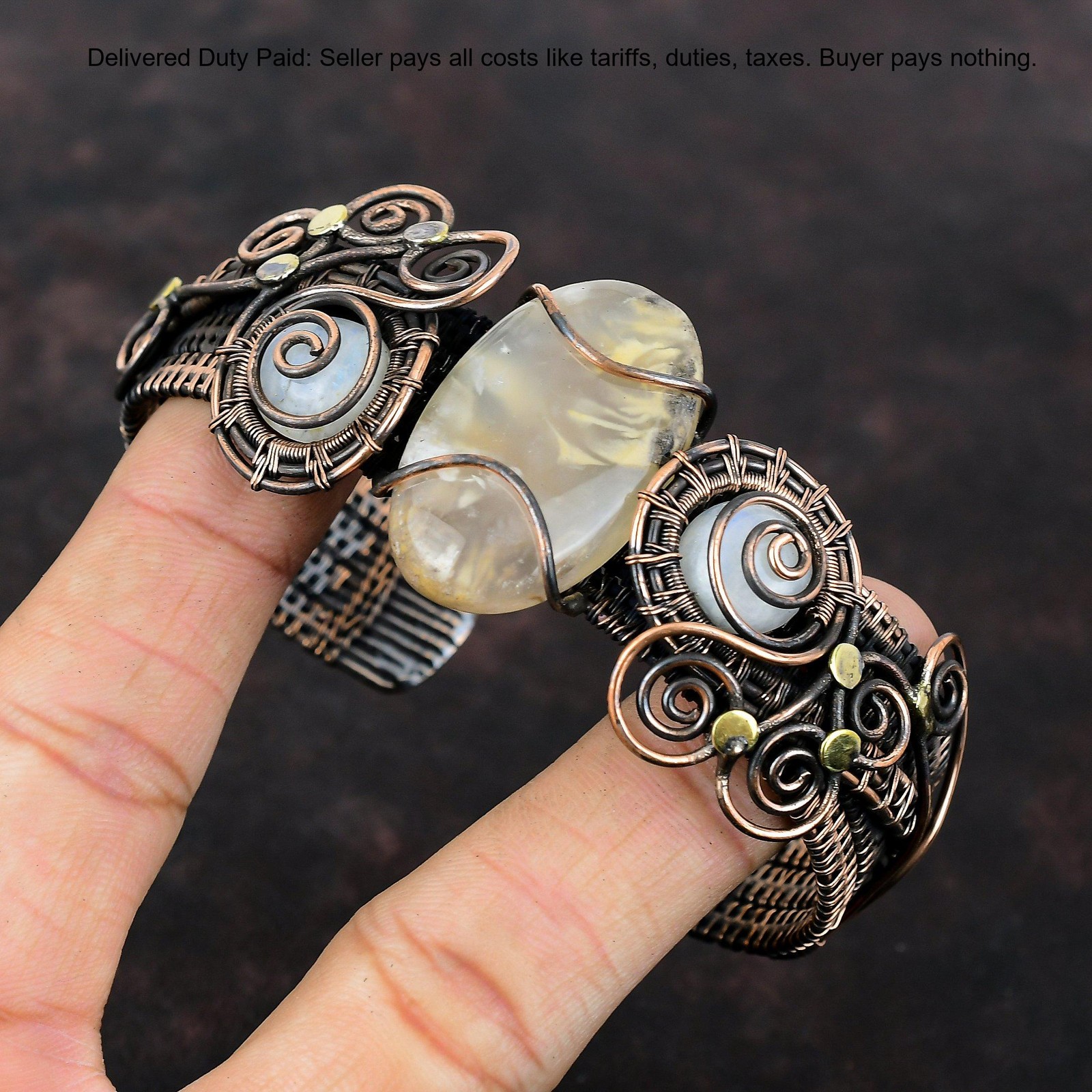 Copper Oval Natural Plume Agate Rainbow Moonstone Wire Wrapped Wife New Bangle