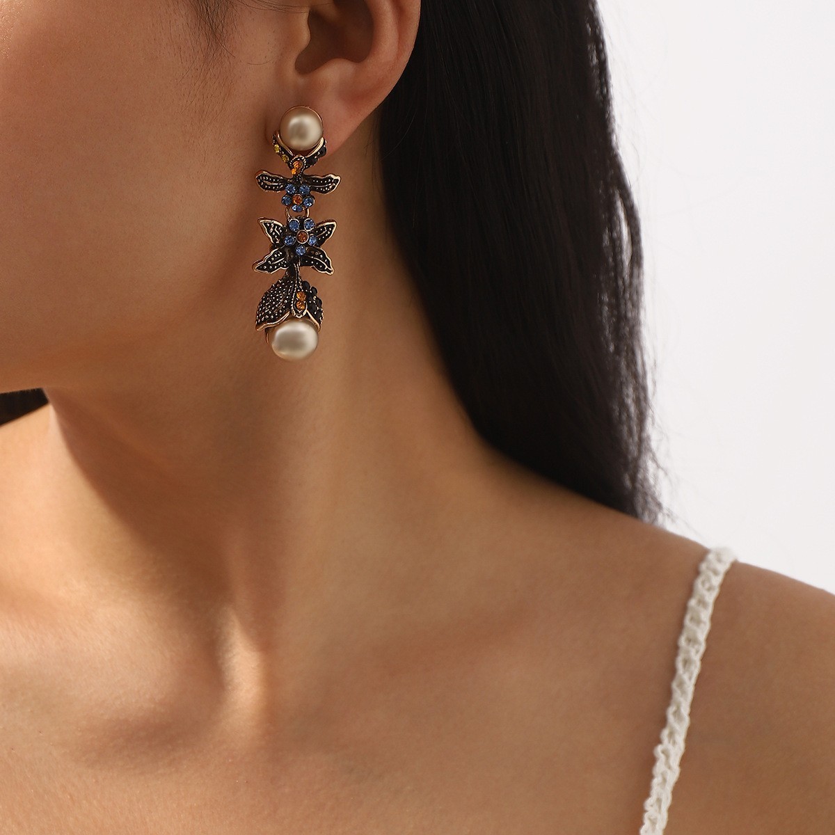 Art Deco Style Earrings Blue Crystal Fish Tail White Faux Pearl Dangles