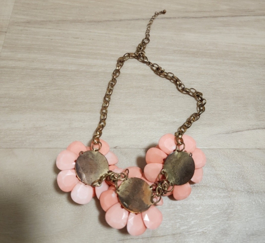 Pink Flower Statement Cable Chain Necklace, Clear Crystal Charms, Adjustable