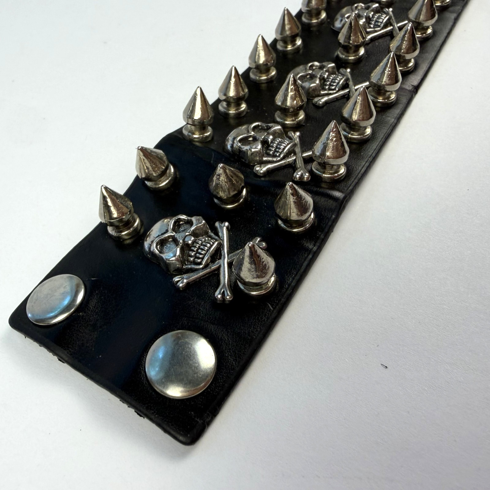 Black Leather Punk Silver Spikes & Skull Studs Gothic Wide 8 5/8 inch Bracelet