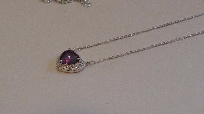 HEART NECKLACE PENDANT W/ LAB DIAMONDS & AMETHYST / 925 STERLING SILVER /18”