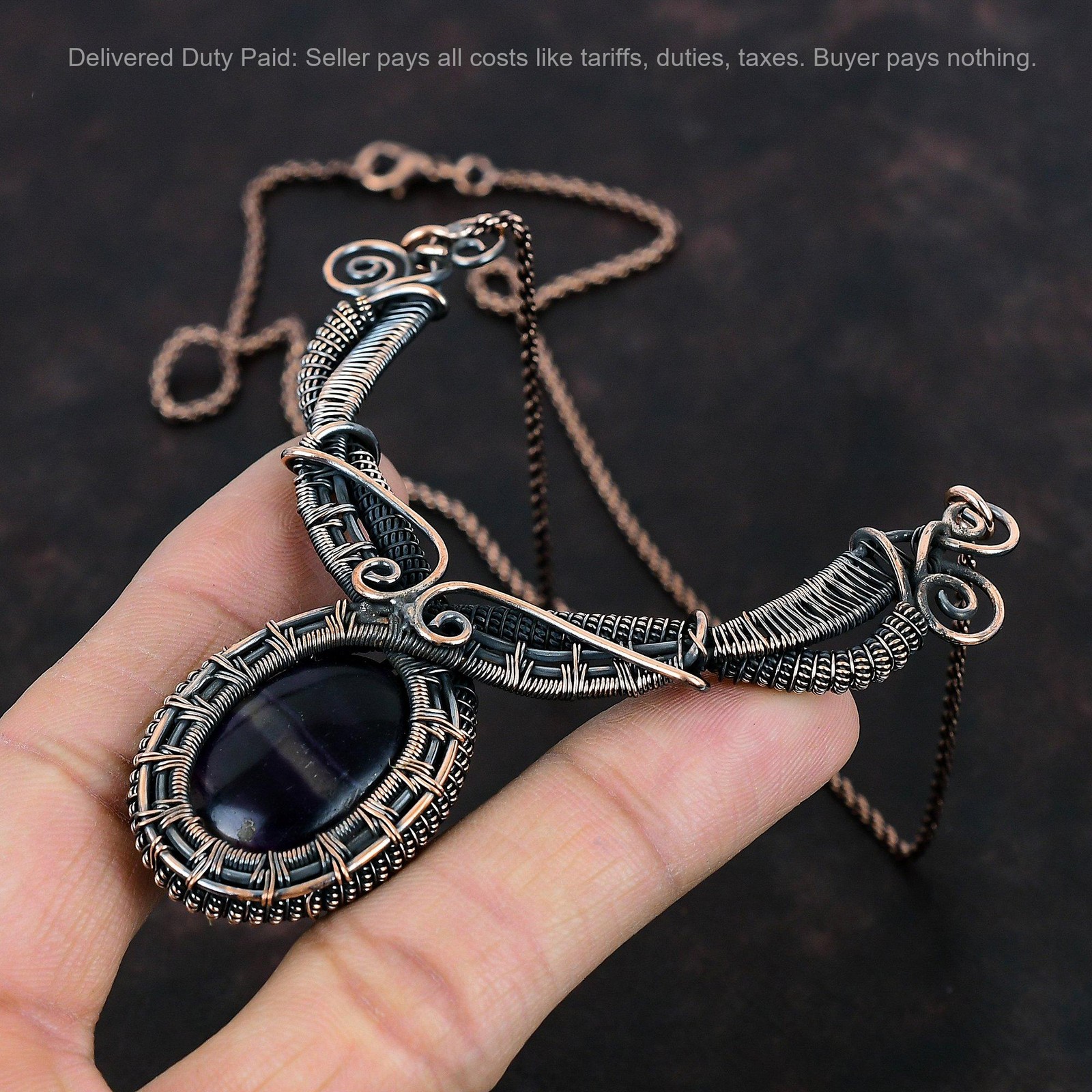 Oval Multi Fluorite Stone Wire Wrapped Artisan Chain Birthday Necklace Copper