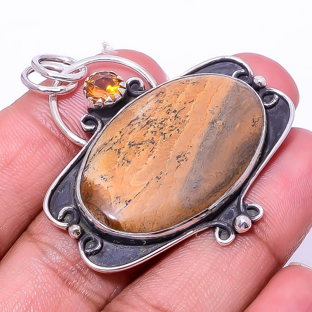 Picture Jasper – Oregon & Citrine Handmade 925 Sterling Silver Pendant 1.72″ P32