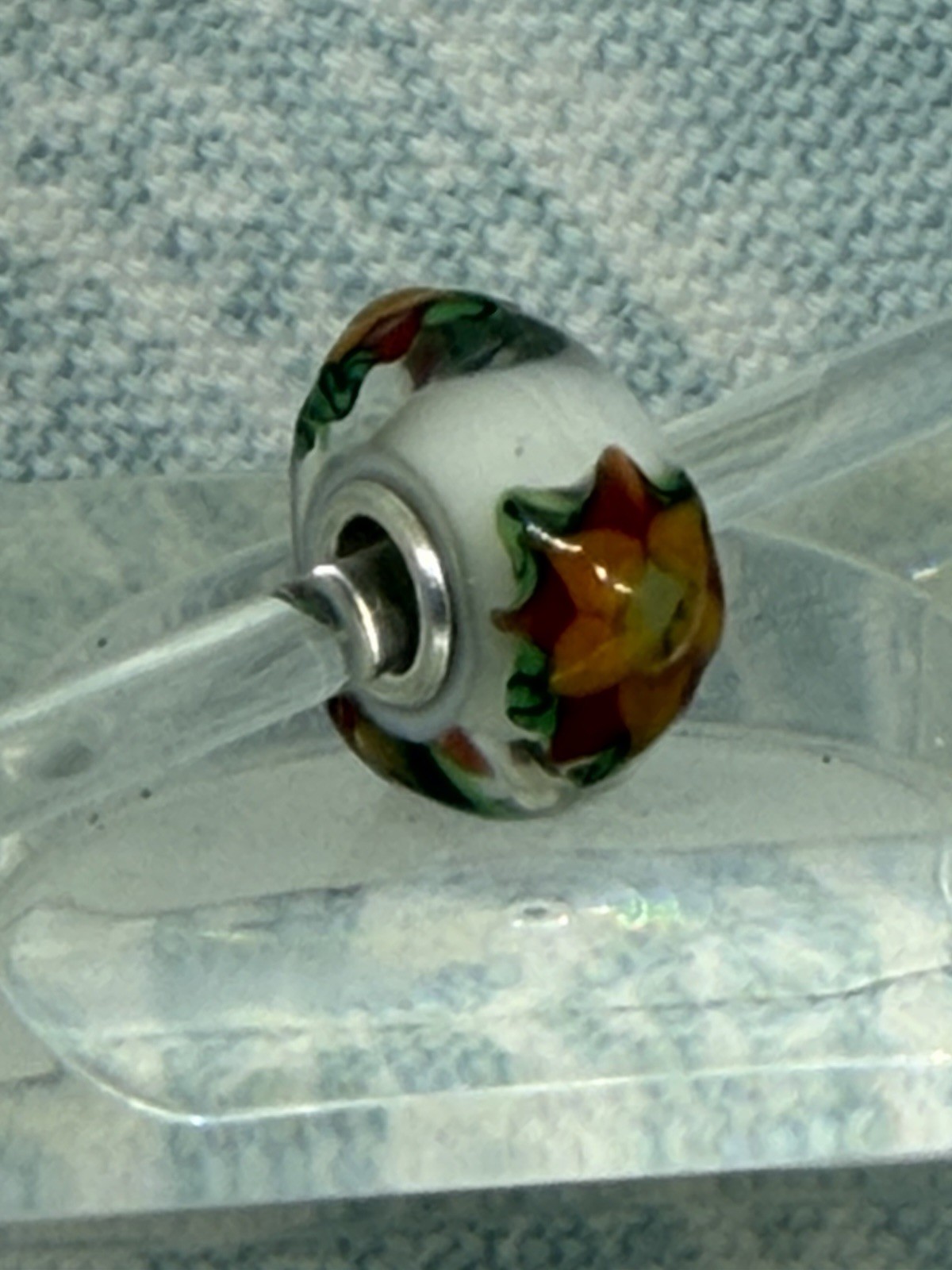 Authentic Trollbeads OOAK Yellow Star Flowers & Green on White CC, New (117)