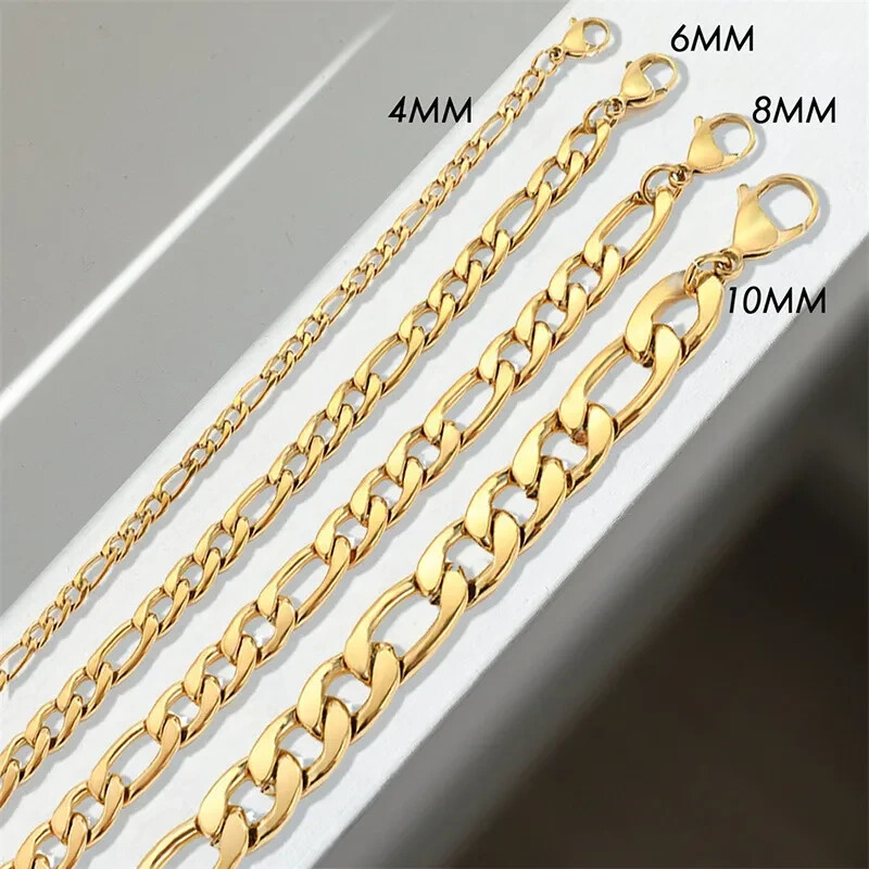Genuine 18K Yellow Gold Filled Italian Figaro Chain Necklace, Many Width/Length