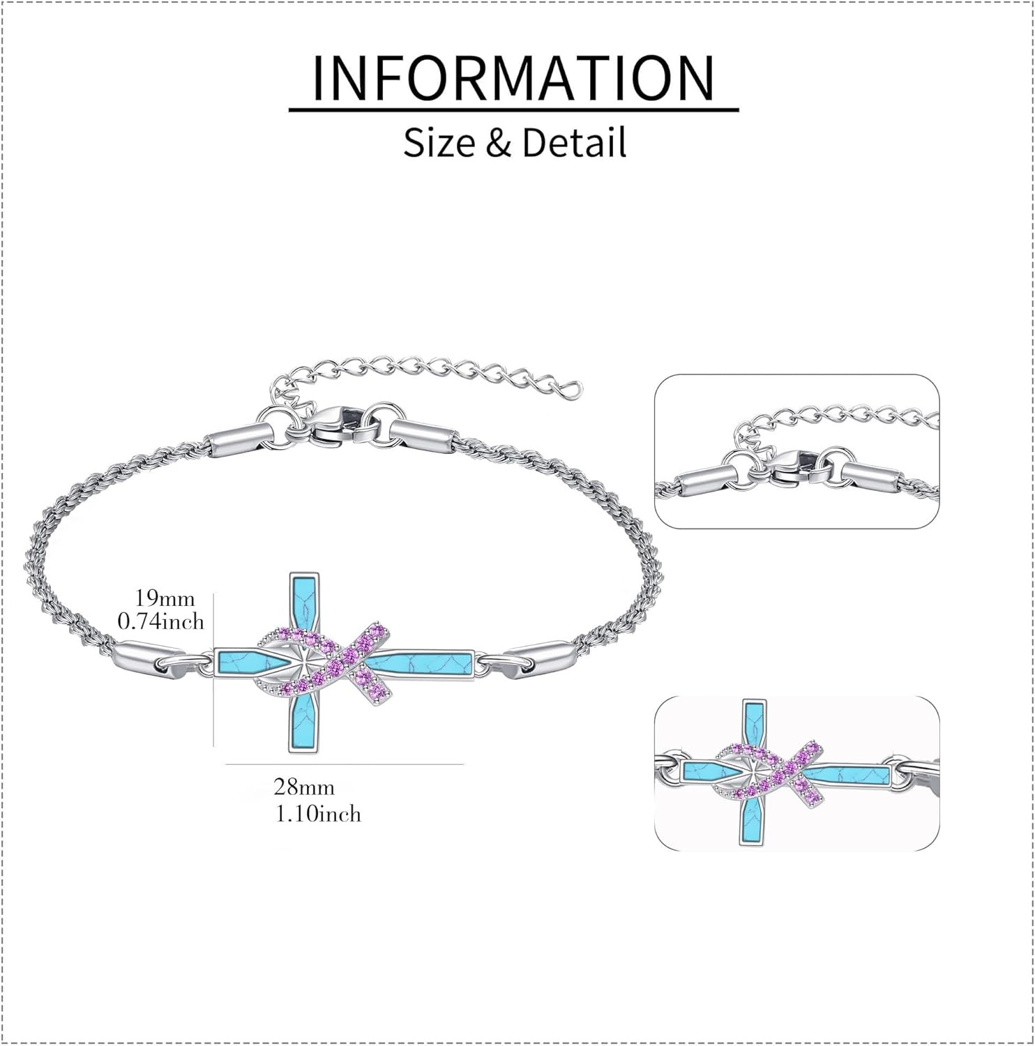 Breast Cancer Survivor Pink Ribbon Cross Bracelet 925 Sterling Silver Gift Women