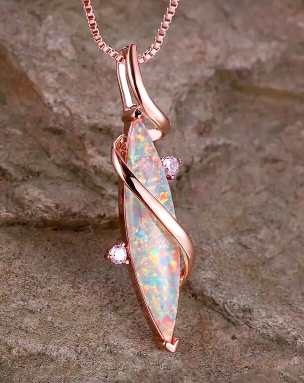 White Synth Fire Opal Marquise W/Rose Gold Over Stainless Steel- 16″+2″ Chain