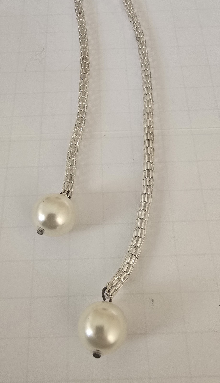 Lariat Faux Pearl Silver Tone Rope Chain Necklace