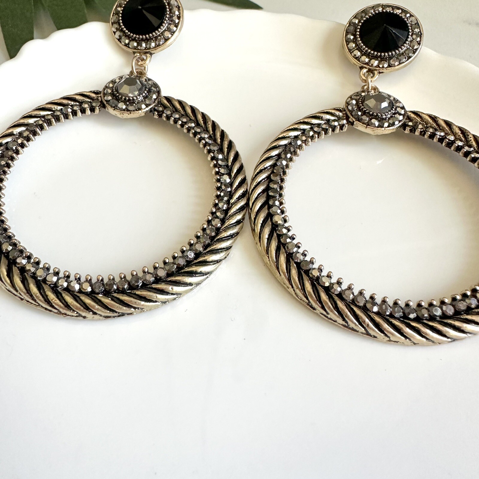 Art Deco Vintage Style Nouveau Gold Black Earrings Rhinestone Circle Hoop NEW