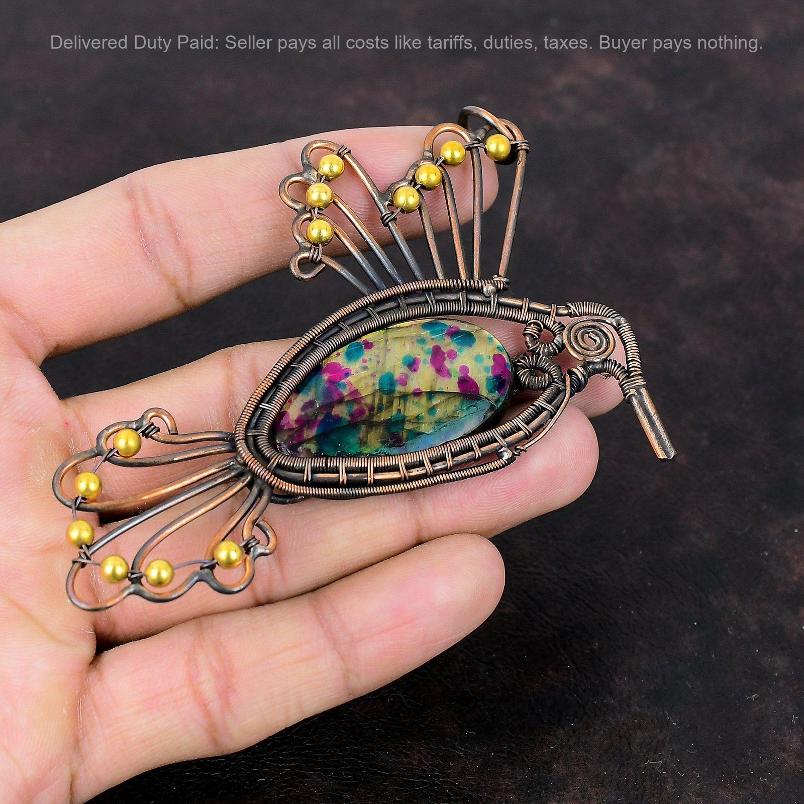 Copper Multi Fire Labradorite Gemstone Wire Wrapped Bird Daughter Ethnic Pendant