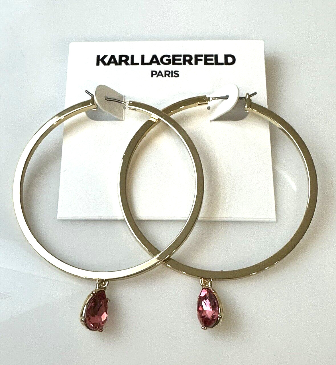 Karl Lagerfeld Paris Gold-Tone Pink Crystal Charm Hoop Earrings $45