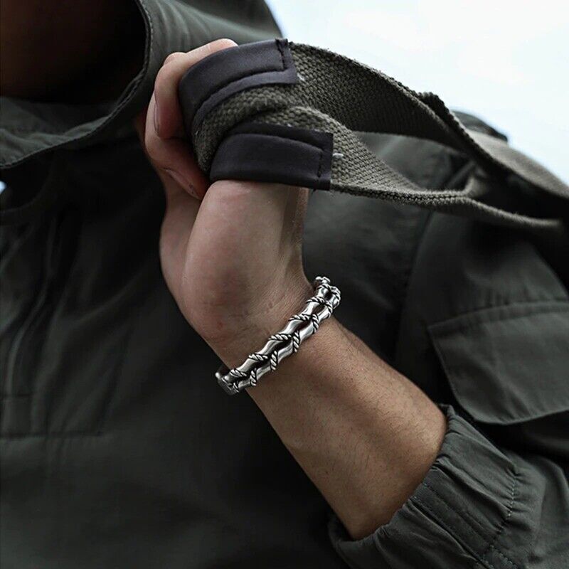 Men’s Vintage Twist Cuff Silver Bracelet Handmade Adjustable Open Bracelet USA