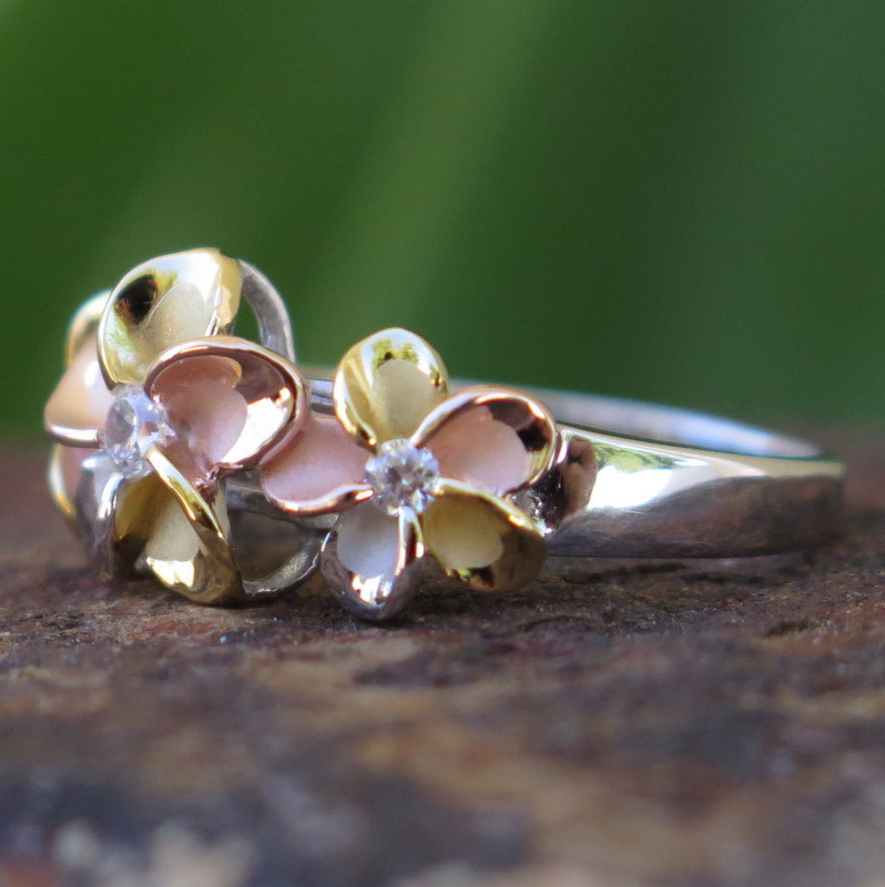 925K Silver Tri-color Gold Plumeria Flower CZ Wedding Ring Band 10mm #SR6078