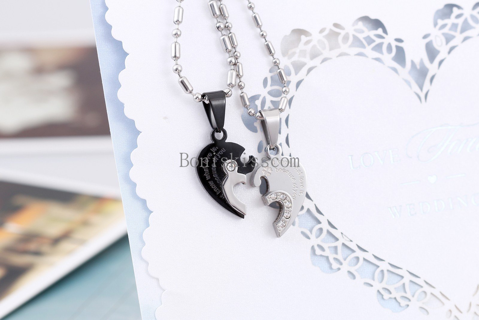 His and Hers Stainless Steel Couple Heart Love Promise Pendant Necklaces 2pcs