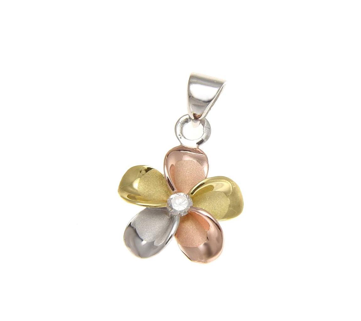 YELLOW ROSE GOLD SILVER 925 TRICOLOR HAWAIIAN PLUMERIA PENDANT CZ 10MM – 30MM