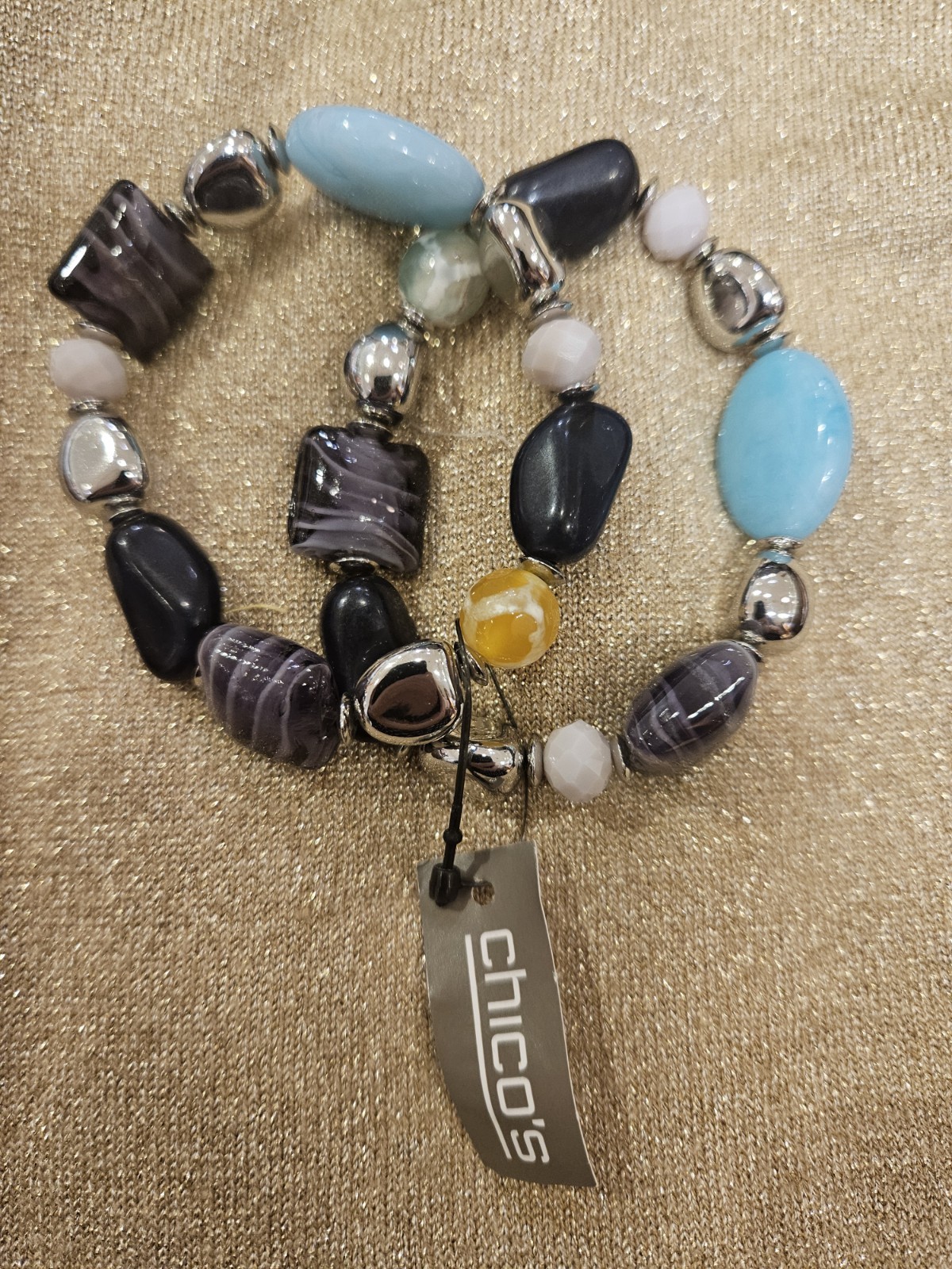 Chico’s Stretch Multi Bead Bracelet NWT Silver Tone Adjustable