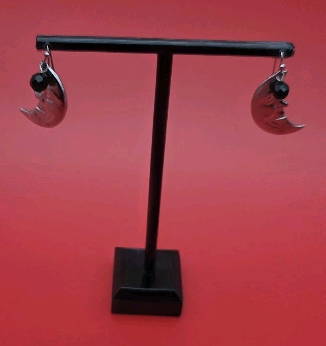 Moon Face Drop Earrings Silver Tone Celestial Jewelry Black Bead Accent