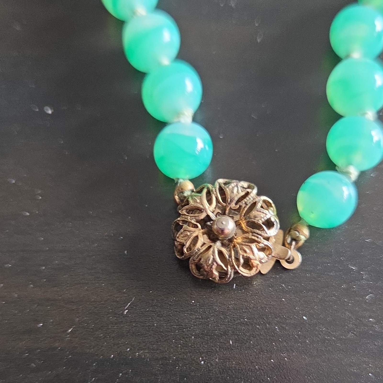 Vintage Bergere Green Round Beaded Necklace, Signed, Box Clasp, 17 in
