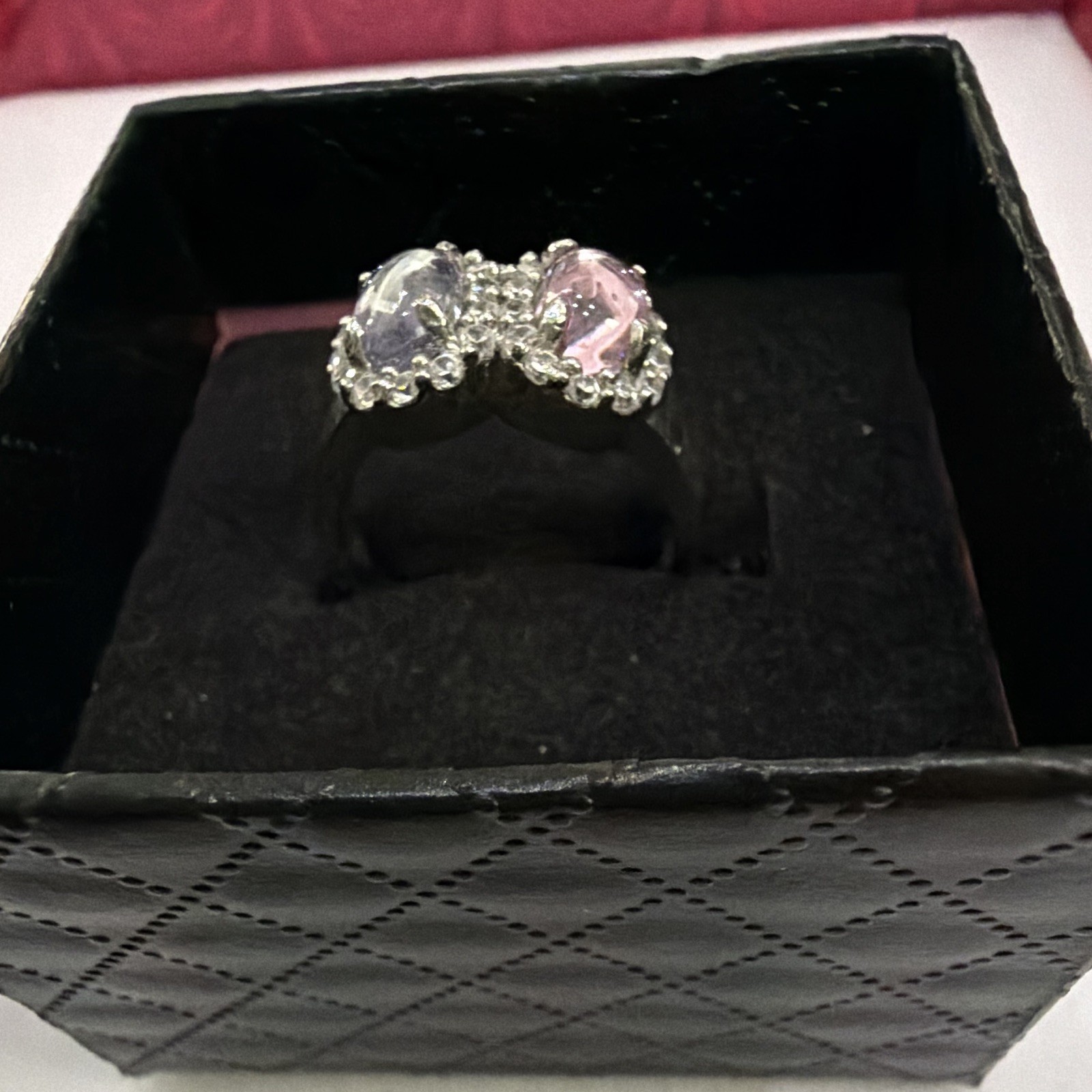 Silver Metal Cocktail Ring Double Oval Pink Purple lab Stones Halo Rhinestone