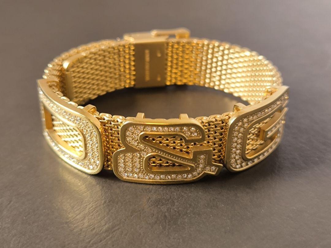 Dolce & Gabbana Bracelet Cuff Bangle Mesh Pattern Gold Logo Length: 9 in.