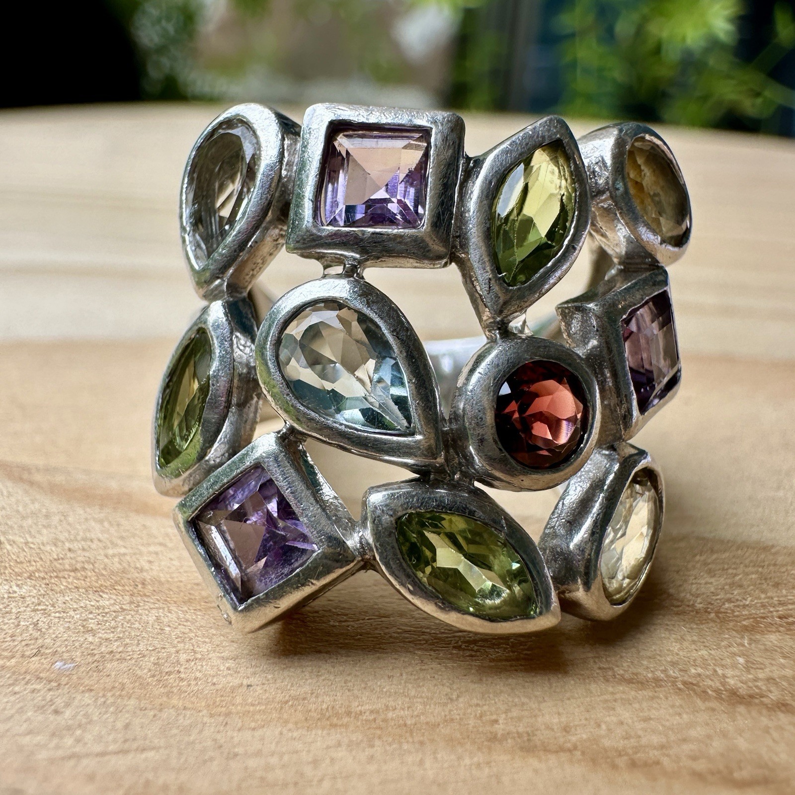 VTG ADI Statement Ring Size 6 Peridot Amethyst Garnet Gems 925 Sterling 9.1g