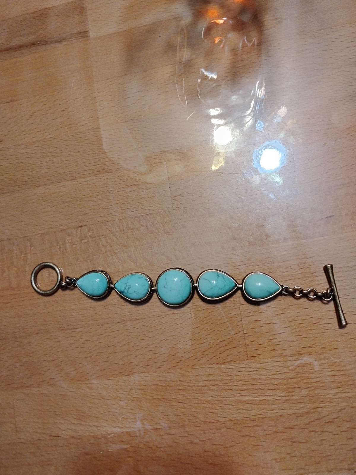 Lucky Brand Green Cabochon Beaded Stone Antiqued Brass Toggle Chain Bracelet