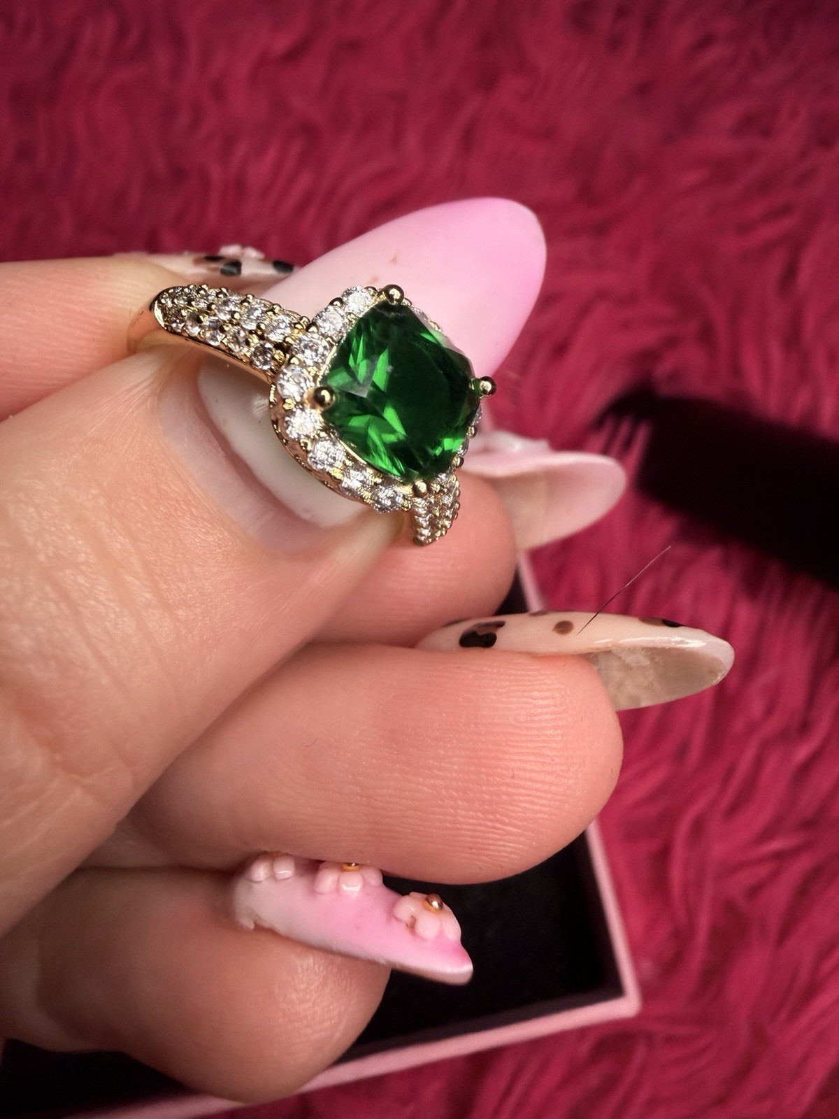 Gold Filled Emerald Green Halo Ring AAA CZ Cushion Cut Size 6