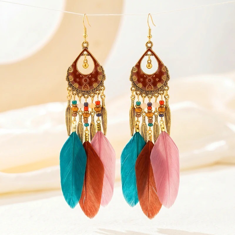 Handmade Bohemian Charm Colorful Feather Retro Design Beaded Long Earrings Women