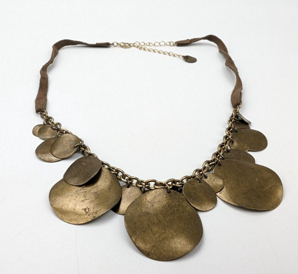 Hammered Brass Multi Size Disc Pendants Faux Leather Adjustable Collar Necklace