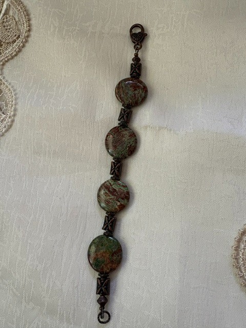 Jasper Disc Bracelet • Green Brown Stones • Copper Tone X Links • 8.5″