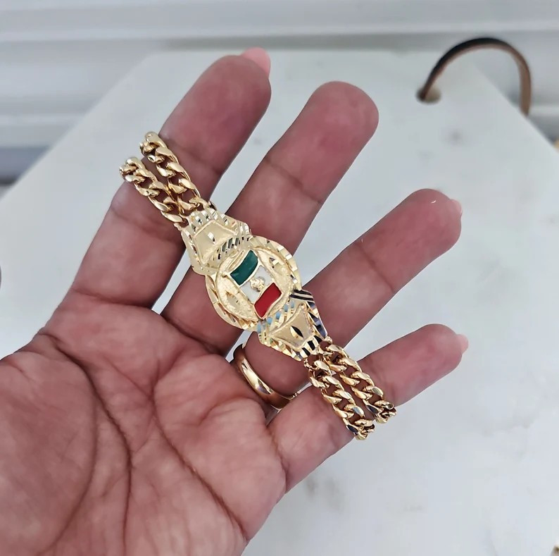 Gold Mexico Bracelet, Gold Mexican Flag Bracelet, 14k Heavy Plated Gold