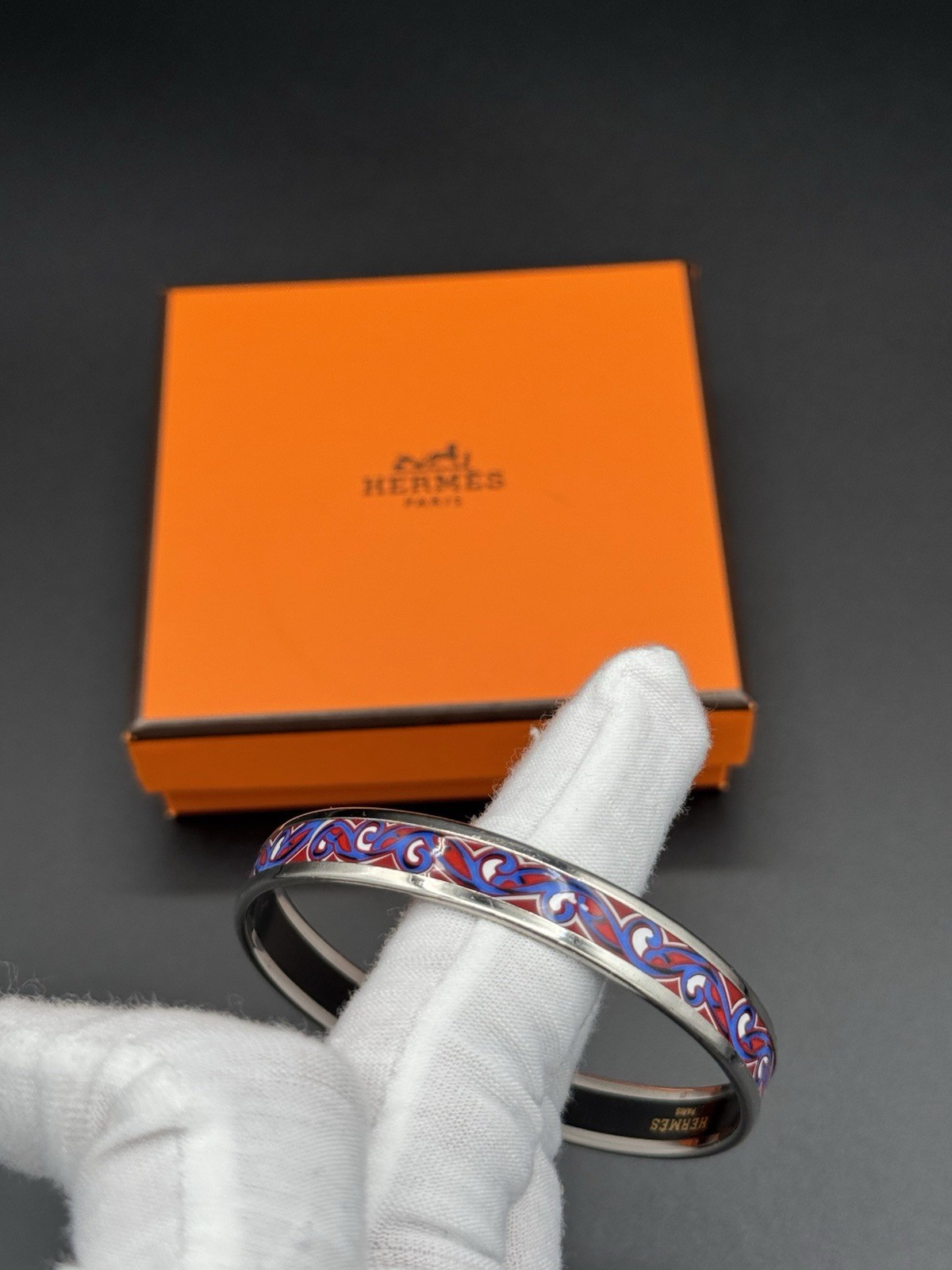 HERMÈS Signed Enamel & Metal Bangle Bracelet Multicolor Swirl Pattern