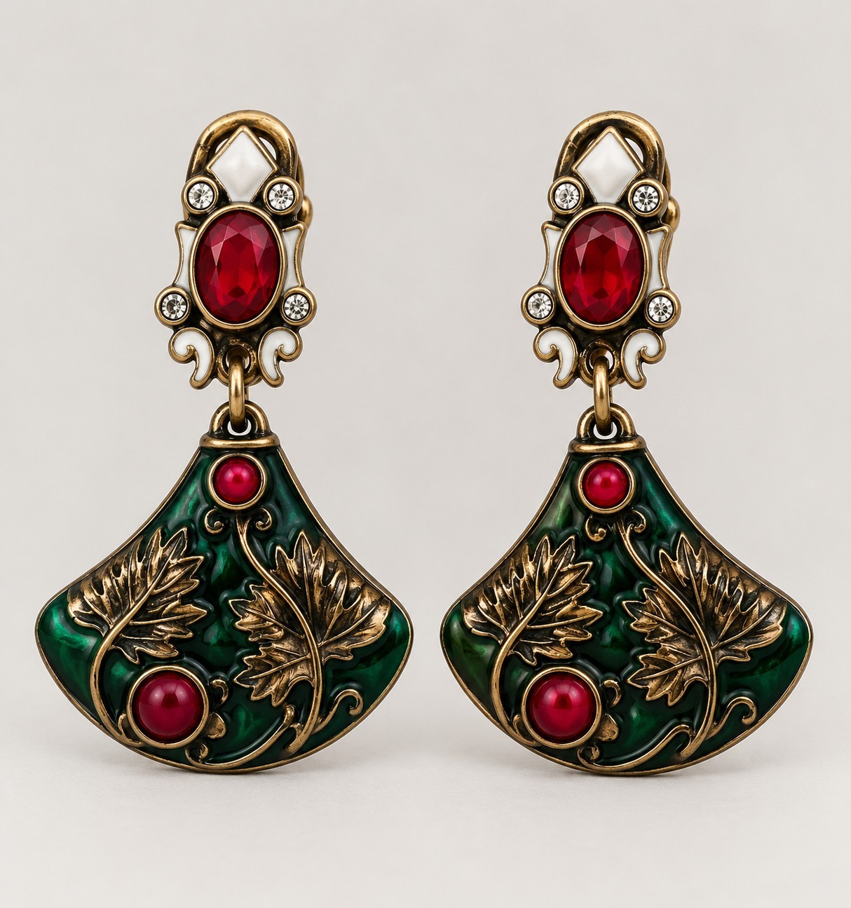 Elegant Palace Style Green Enamel Lotus Leaf Fan Shaped Earring. Women’s Jewelry