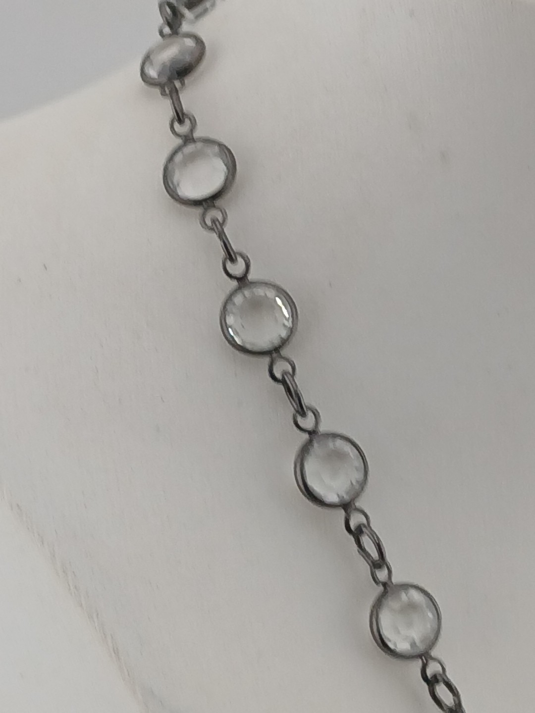 LUCY ISAACS NYC 1990 gunmetal open bezel Swarovski crystals Y Design Necklace